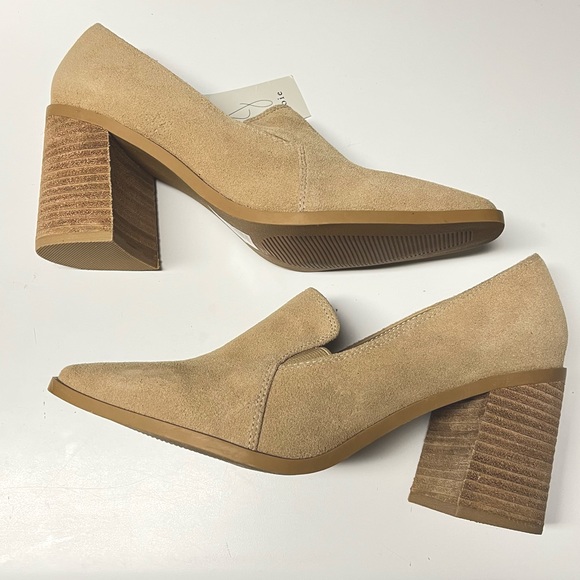 Joie Suede Tan Closed Toe Leather Block Chunky Heel Slip On Loafers Size 7.5 - Picture 4 of 12